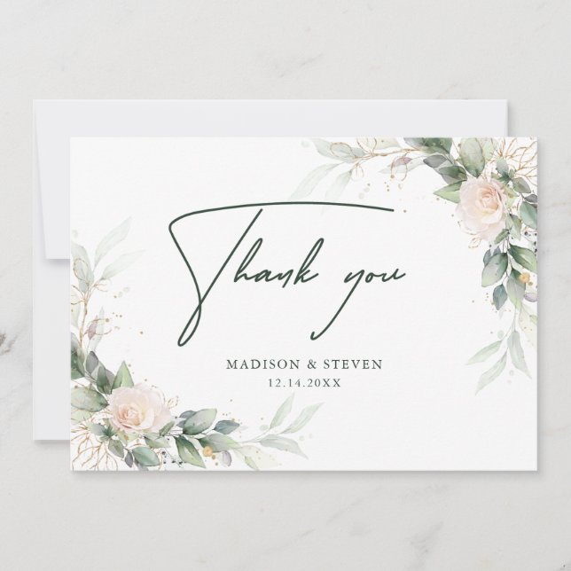 Elegant Pink Gold Green Floral Eucalyptus Wedding Thank You Card (Front)