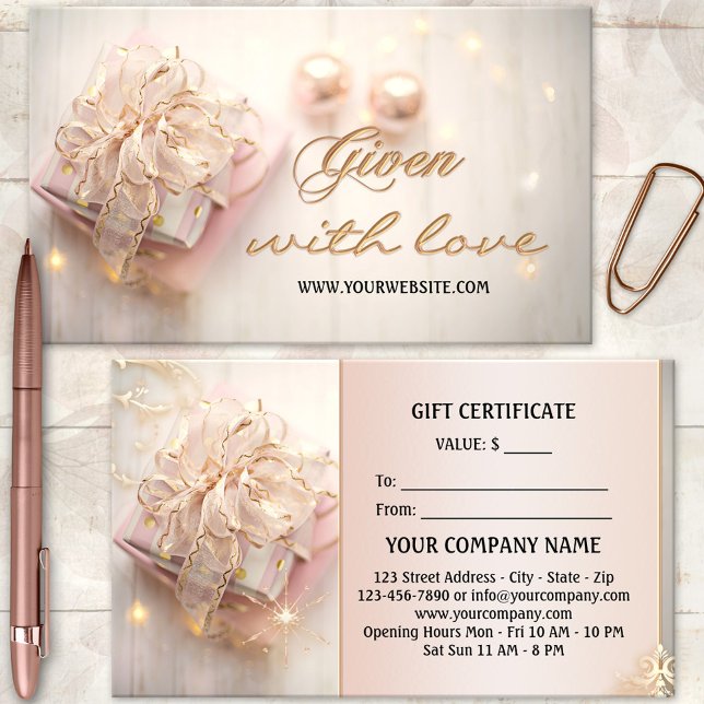 Elegant Pink Gold Holidays Gift Certificate (Festive gift certificate template featuring a boho chic gift package with sparkling lights.)