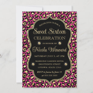 Elegant Pink Gold Leopard Print Sweet 16 Invitation