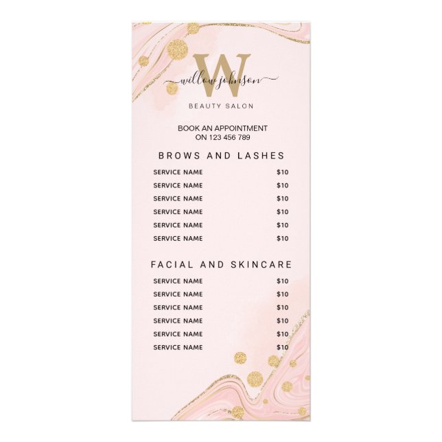 Elegant Pink Gold Marble Agate Services Price List Rack Card (Front)