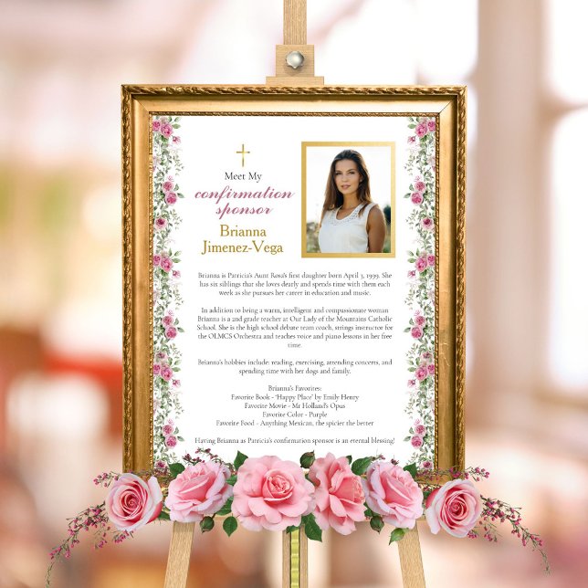 Elegant Pink Gold Meet My Confirmation Sponsor Photo Print (Elegant Pink and Gold Rose Floral Greenery Confirmation Welcome Sign for Confirmation Sponsor)