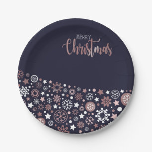 Elegant pink gold metallic snowflakes winter chic paper plate