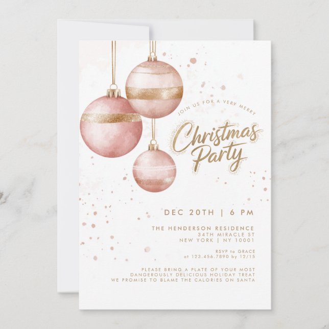 Elegant Pink Gold Ornaments Christmas Party Invitation (Front)