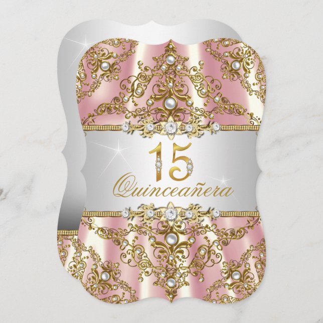 Elegant Pink Gold Pearl Damask Quinceanera Invitation (Front/Back)
