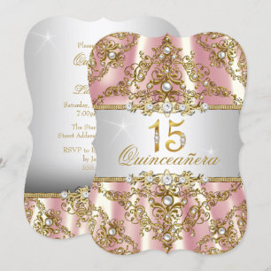 Elegant Pink Gold Pearl Damask Quinceanera Invitation