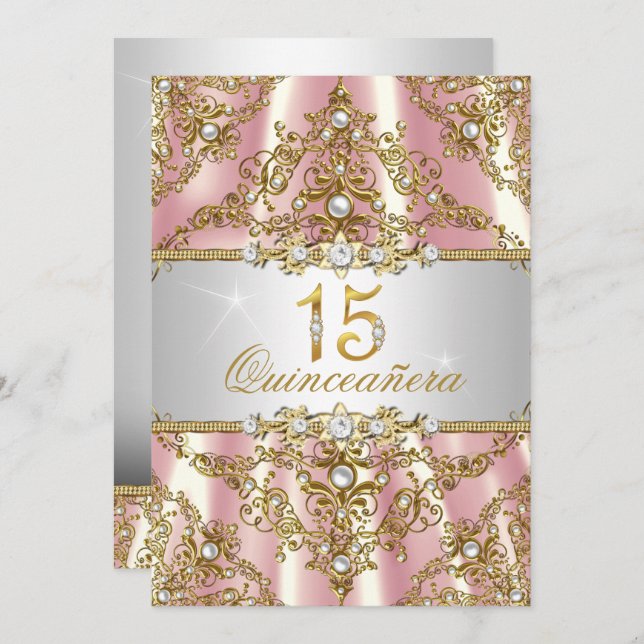 Elegant Pink Gold Pearl Damask Quinceanera Invite (Front/Back)