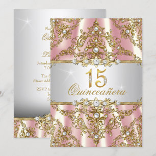 Elegant Pink Gold Pearl Damask Quinceanera Invite