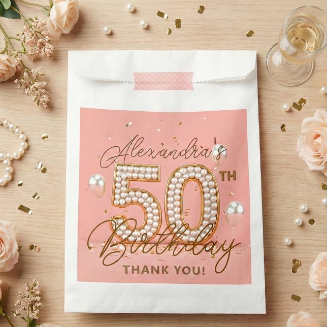 Elegant Pink Gold Pearls 50th Birthday Party Favour Bag (Creator Uploaded)