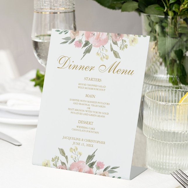Elegant Pink Gold Peony Floral Wedding Dinner Pedestal Sign (Creator Uploaded)