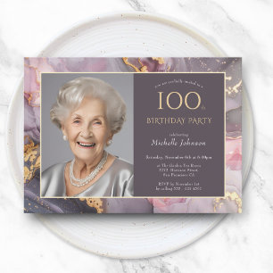 Elegant Pink Gold Photo 100th Birthday Invitation