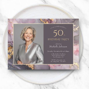 Elegant Pink Gold Photo 50th Birthday Invitation