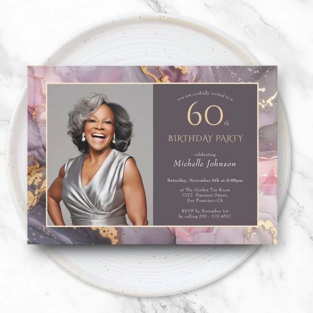 Elegant Pink Gold Photo 60th Birthday Invitation (Elegant Pink Gold Photo 60th Birthday Invitation)