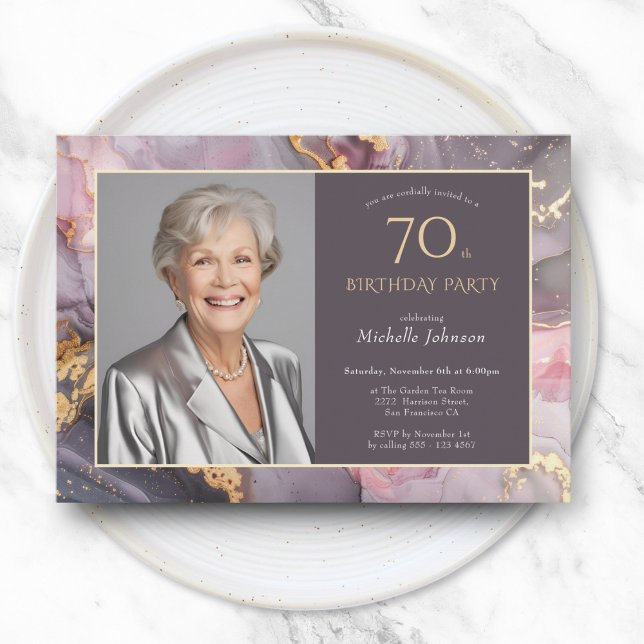 Elegant Pink Gold Photo 70th Birthday Invitation (Elegant Pink Gold Photo 70th Birthday Invitation)
