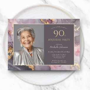 Elegant Pink Gold Photo 90th Birthday Invitation