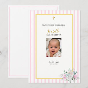 Elegant Pink Gold Photo Baptism Thank You Card