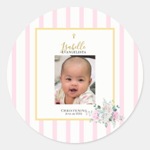 Elegant Pink Gold Photo Christening Classic Round Sticker