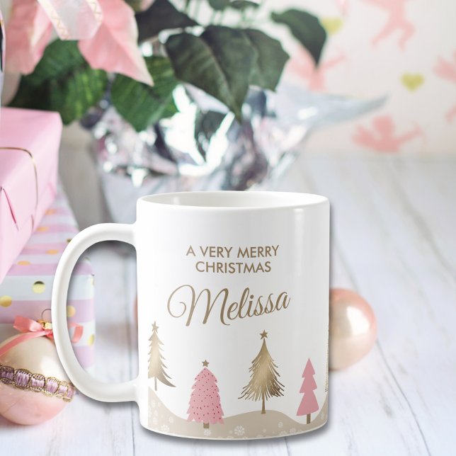 Elegant Pink Gold Pine Tree Merry Christmas Coffee Mug (Creator Uploaded)