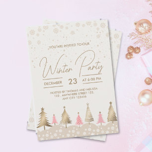 Elegant Pink Gold Pine Tree Winter Party Invitation
