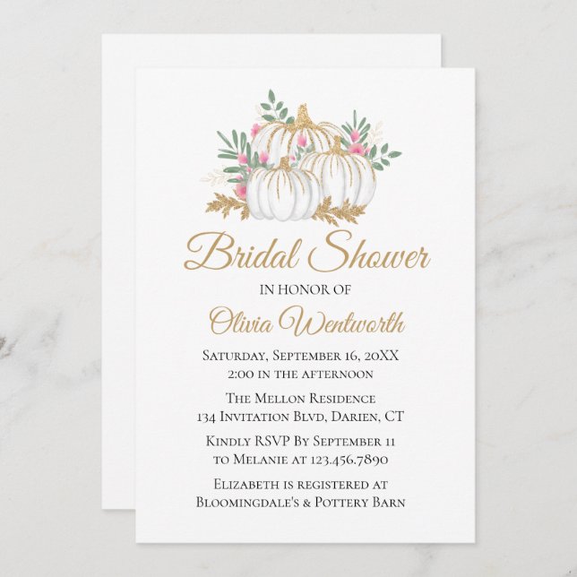 Elegant Pink Gold Pumpkins Fall Bridal Shower Invitation (Front/Back)