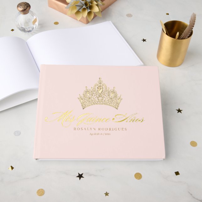 Elegant Pink Gold Quinceanera  Guest Book (Front Open)