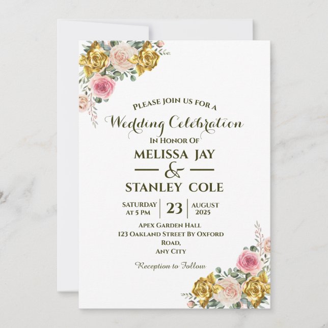Elegant Pink, Gold Rose Eucalyptus Floral Wedding  Invitation (Front)