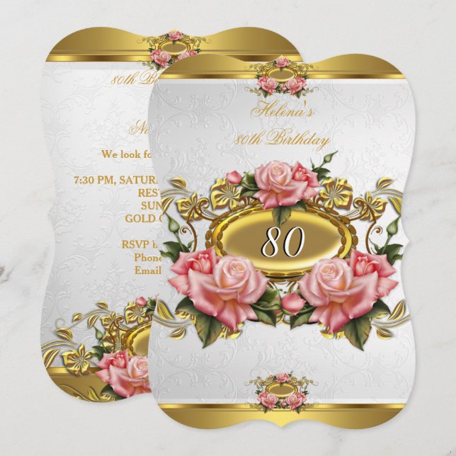 Elegant Pink Gold Roses White 80th Birthday 2 Invitation (Front/Back)