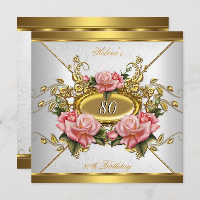Elegant Pink Gold Roses White 80th Birthday Party Invitation (Front/Back)