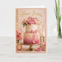 Elegant Pink & Gold Ruffle Floral Birthday Cake