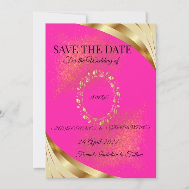 Elegant Pink & Gold Save the Date Card (Front)