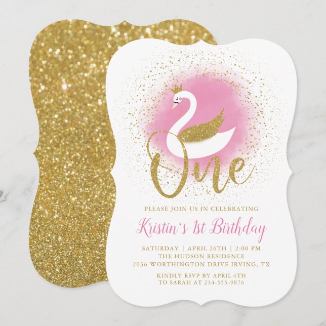 Elegant Pink Gold Swan Princess Girl 1st Birthday Invitation (Front/Back)