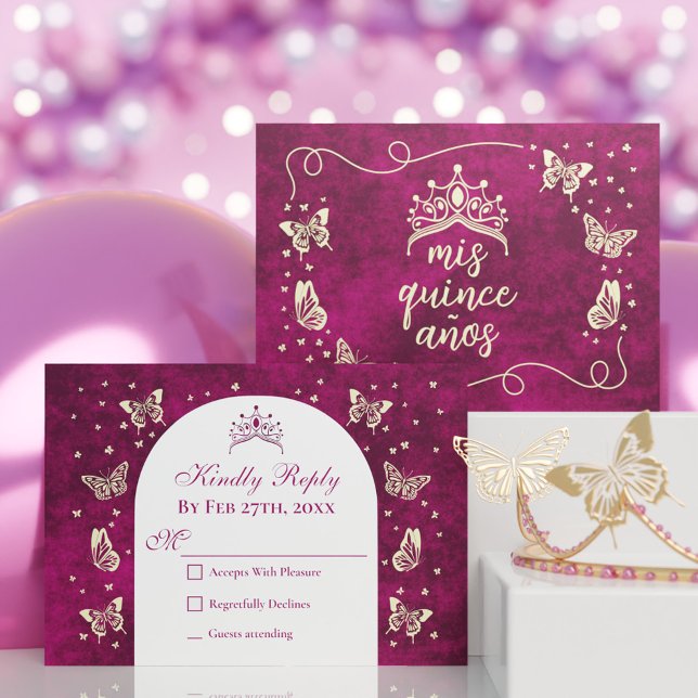 Elegant Pink Gold Tiara Butterflies Quinceañera RSVP Card (Elegant Pink Gold Tiara Butterflies Quinceañera RSVP Card)