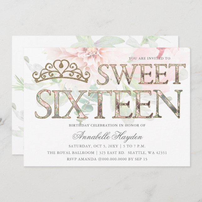 Elegant Pink Gold Tiara Floral Sweet 16 Invitation (Front/Back)