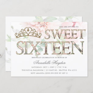 Elegant Pink Gold Tiara Floral Sweet 16 Invitation