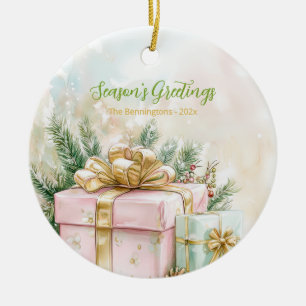 Elegant Pink Gold Vintage Christmas Ceramic Ornament