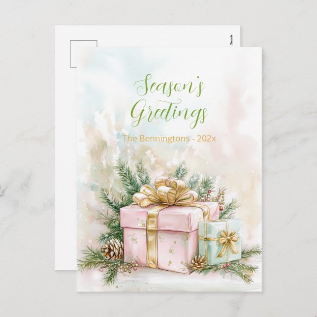 Elegant Pink Gold Vintage Christmas Postcard (Front/Back)