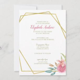 Elegant Pink & Gold Watercolor Floral Bat Mitzvah Invitation