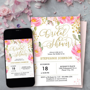 Elegant Pink Gold Watercolor Floral Bridal Shower Invitation