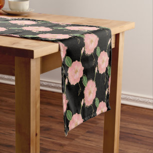 Elegant Pink & Gold Watercolor Roses Black Design Short Table Runner