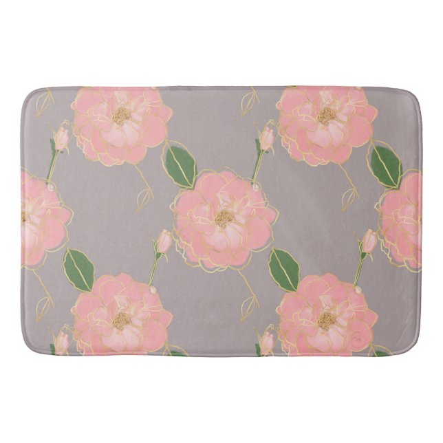 Elegant Pink & Gold Watercolor Roses Grey Design Bath Mat (Front)