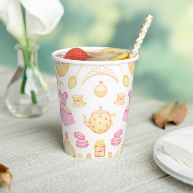 Elegant Pink & Gold Watercolour Princess Tea Party Paper Cups (Insitu)