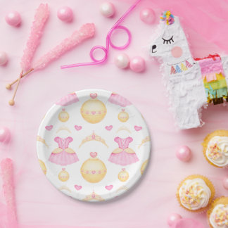 Elegant Pink & Gold Watercolour Princess Tiara Paper Plate