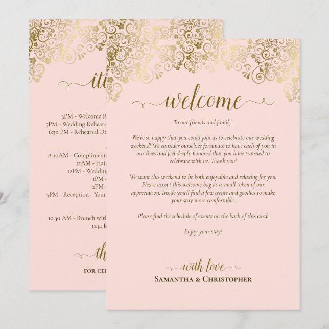 Elegant Pink & Gold Wedding Welcome & Itinerary Program (Front/Back)