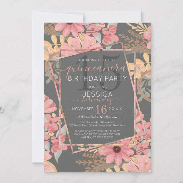 Elegant Pink Golden Sage Flowers Leaf Quinceañera Invitation (Front)