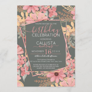 Elegant Pink Golden Sage Flowers Leaves Birthday Invitation