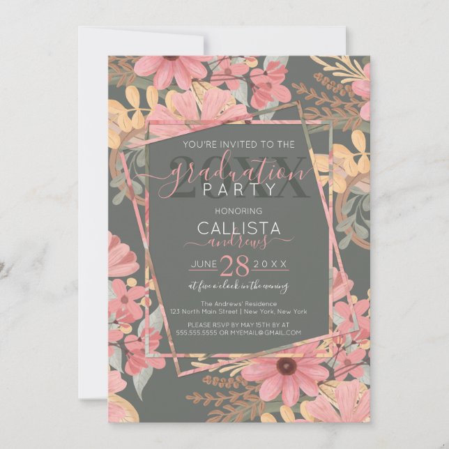 Elegant Pink Golden Sage Flowers Leaves Graduation Invitation (Front)