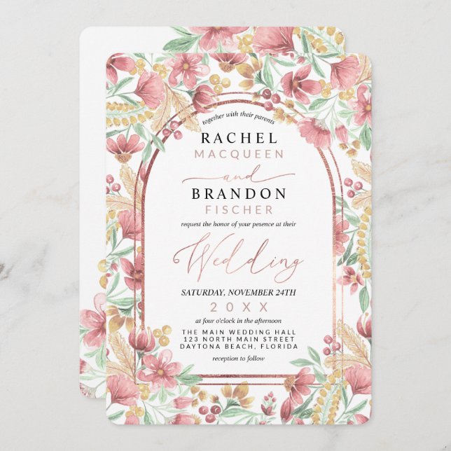 Elegant Pink Golden Yellow Floral Arch Wedding Invitation (Front/Back)