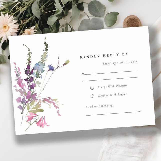 Elegant Pink Green Botanical Floral Bunch Wedding RSVP Card (Creator Uploaded)