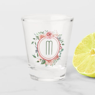 Elegant Pink Green Circle Frame Monogram Shot Glass