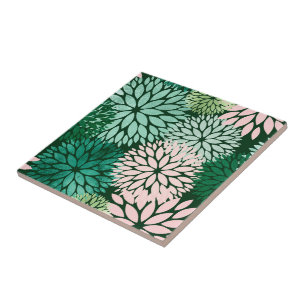 Elegant Pink Green Dahlia Floral Ceramic Tile
