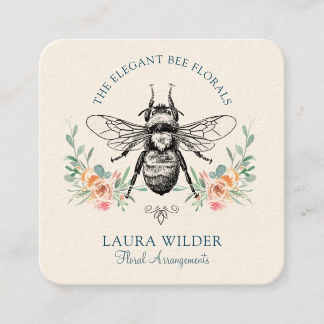 Elegant Pink Green Floral Bee Florist Square Business Card (Front)